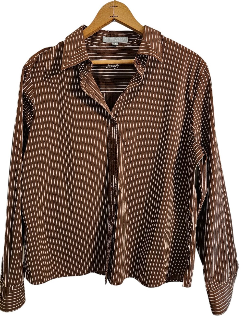 Foxcroft Wrinkle Free Brown White Striped Button Down Shirt Sz 14